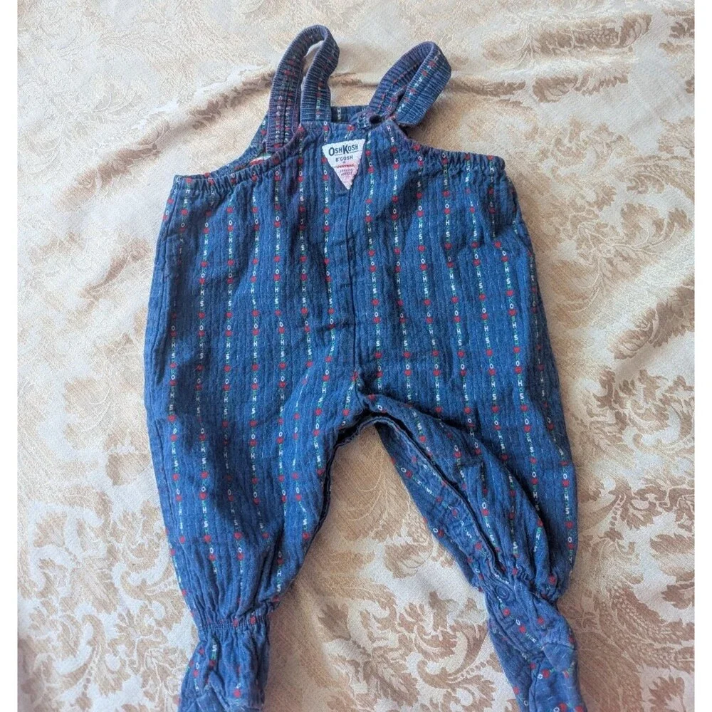 VINTAGE Oshkosh B’gosh Footy All Over Logo Overalls Baby Size 6/9 Months